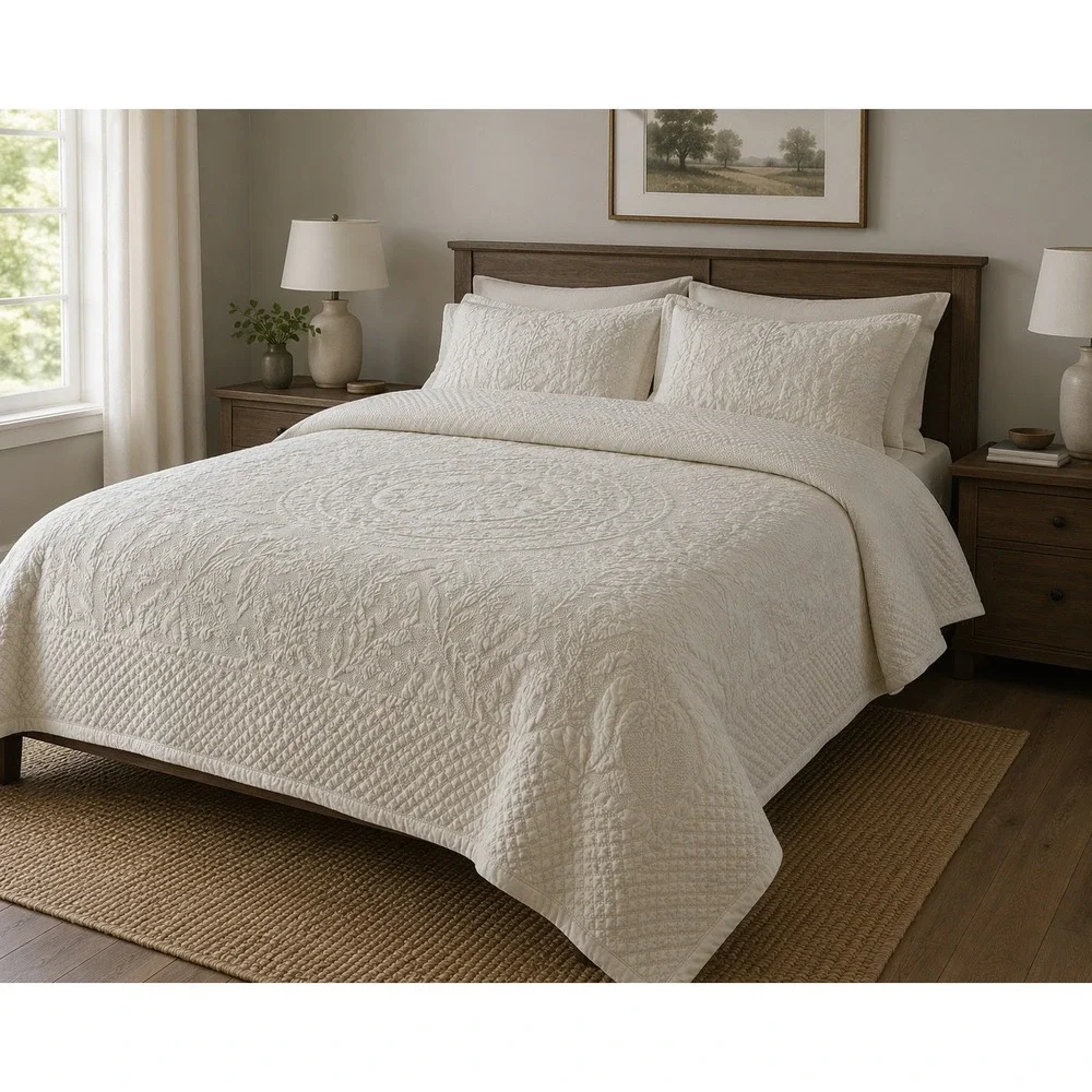 Ralph Lauren Queen Bedspread Cream Matelasse Floral Medallion Coverlet Off White